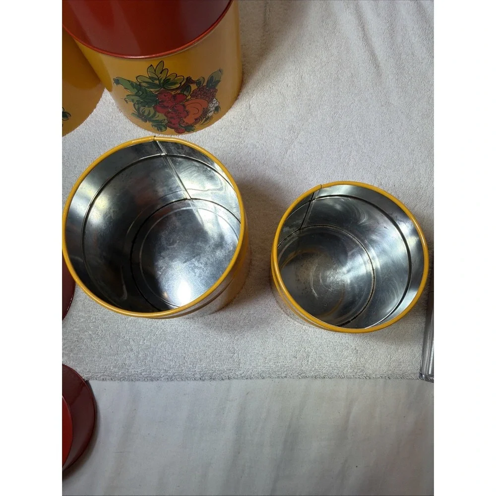 Vintage/Retro Metal Canister Set 4pc Yellow/Red Floral w/ Lids 16 oz